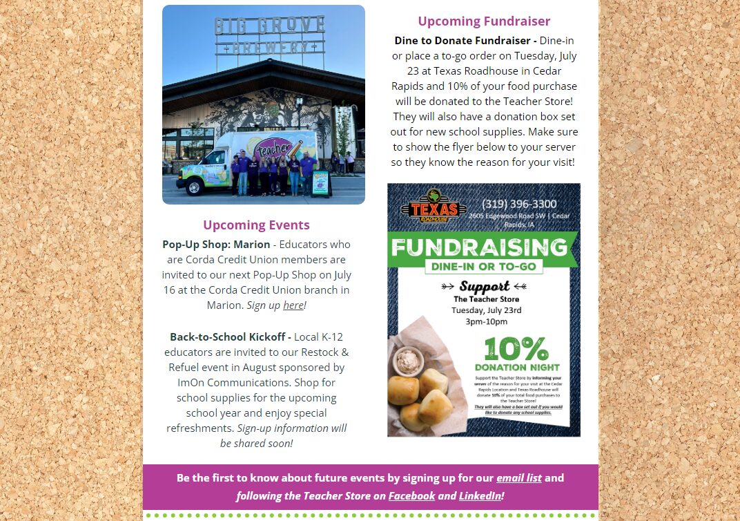 Image of the middle portion of the Teacher Store quarterly newsletter.