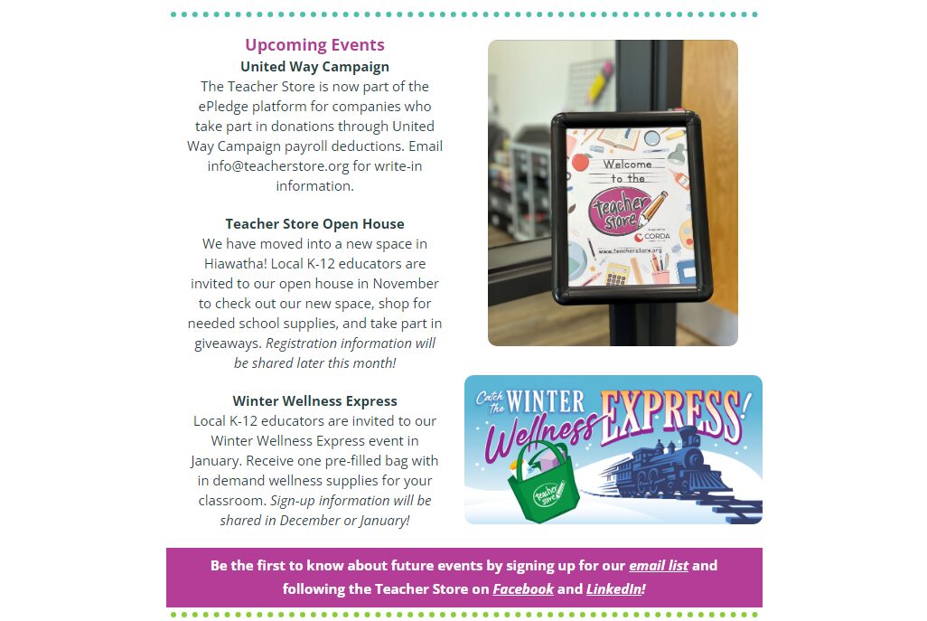 Image of the middle portion of the Teacher Store quarterly newsletter.