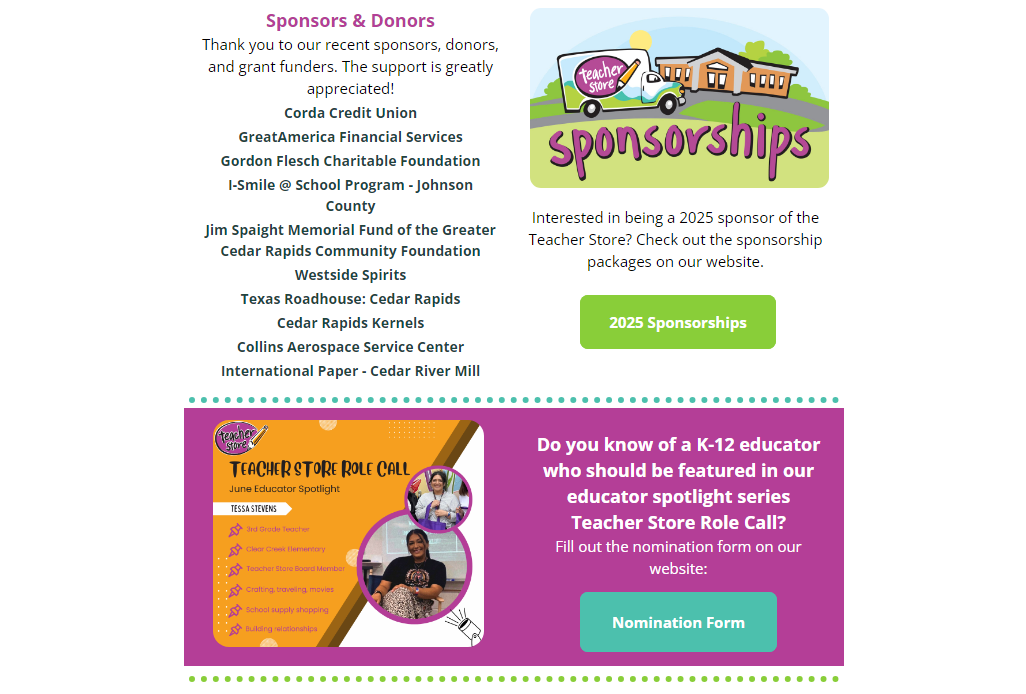 Image of the bottom portion of the Teacher Store quarterly newsletter.