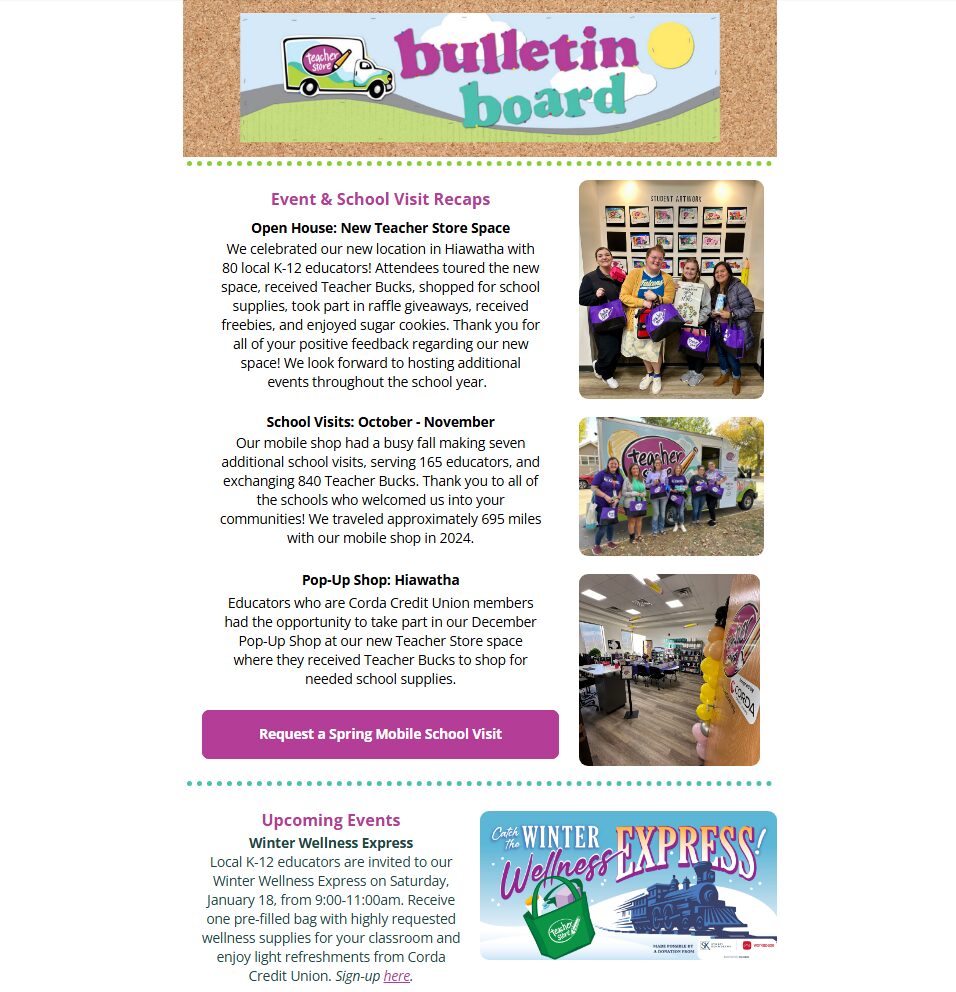 Image of the top portion of the Teacher Store quarterly newsletter.