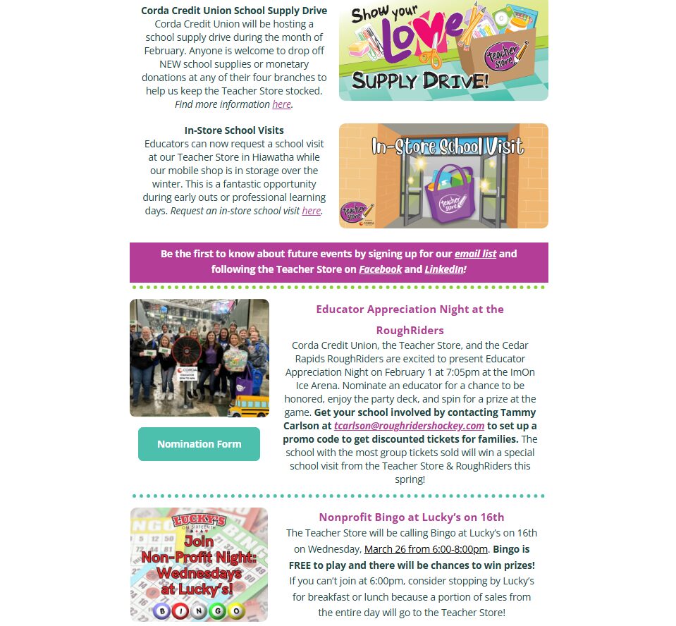 Image of the middle portion of the Teacher Store quarterly newsletter.