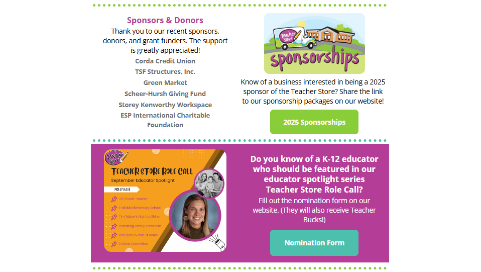 Image of the bottom portion of the Teacher Store quarterly newsletter.